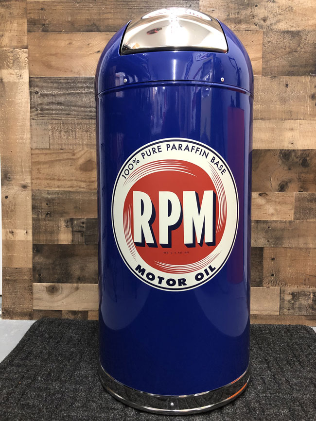 Retro Trash Can With RPM Motor Oil Graphics 