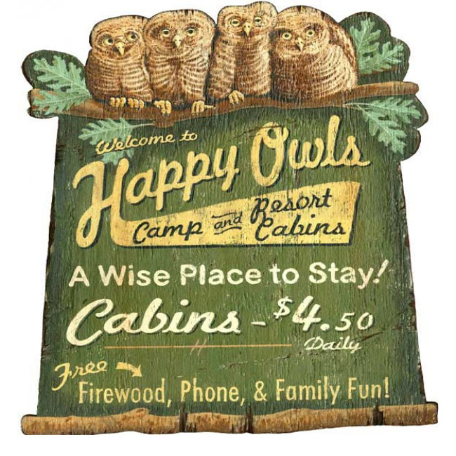 Happy Owls Camp and Cabins Sign 